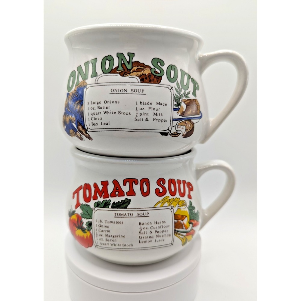 Vintage Tomato & Onion Soup Recipe Stoneware Bowl Mug Cup Set Retro 70s Japan